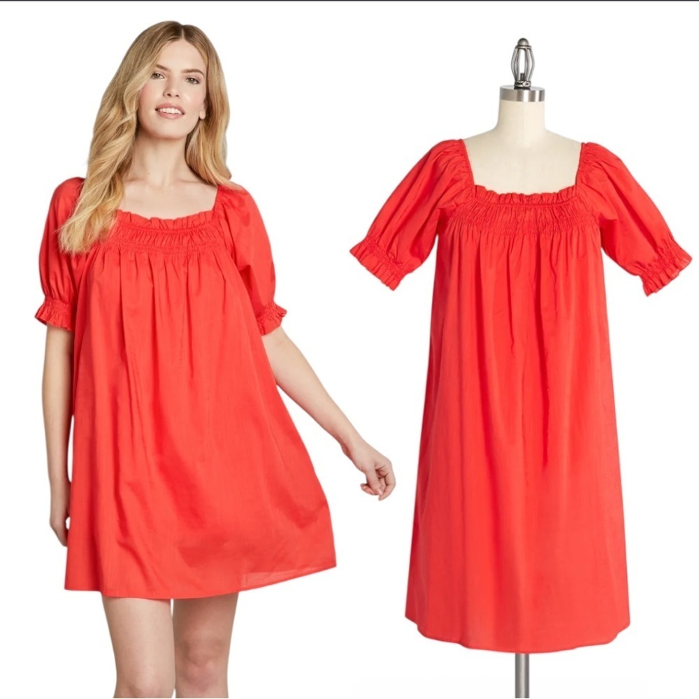 ModCloth Summertime Garden Stories Smocked Mini Puff Sleeve Ref Dress Sz Small